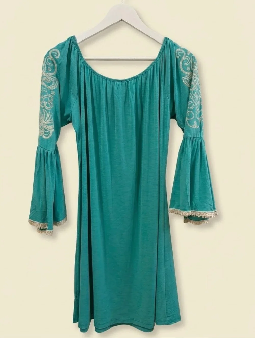 NWT Pink Coconut Teal Embroidered Bell Sleeve Boho Dress XL